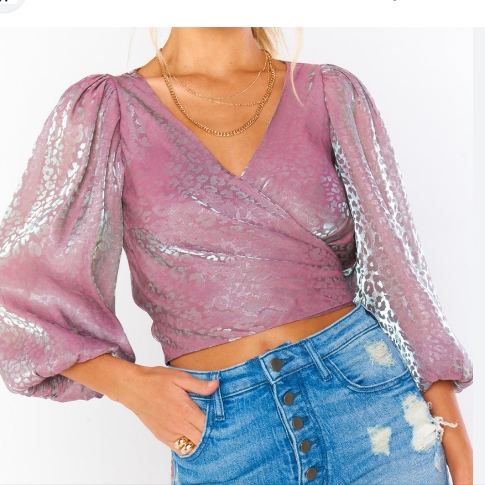 Show Me Your Mumu Joplin Iridescent Cheetah Organza Cropped Wrap Top